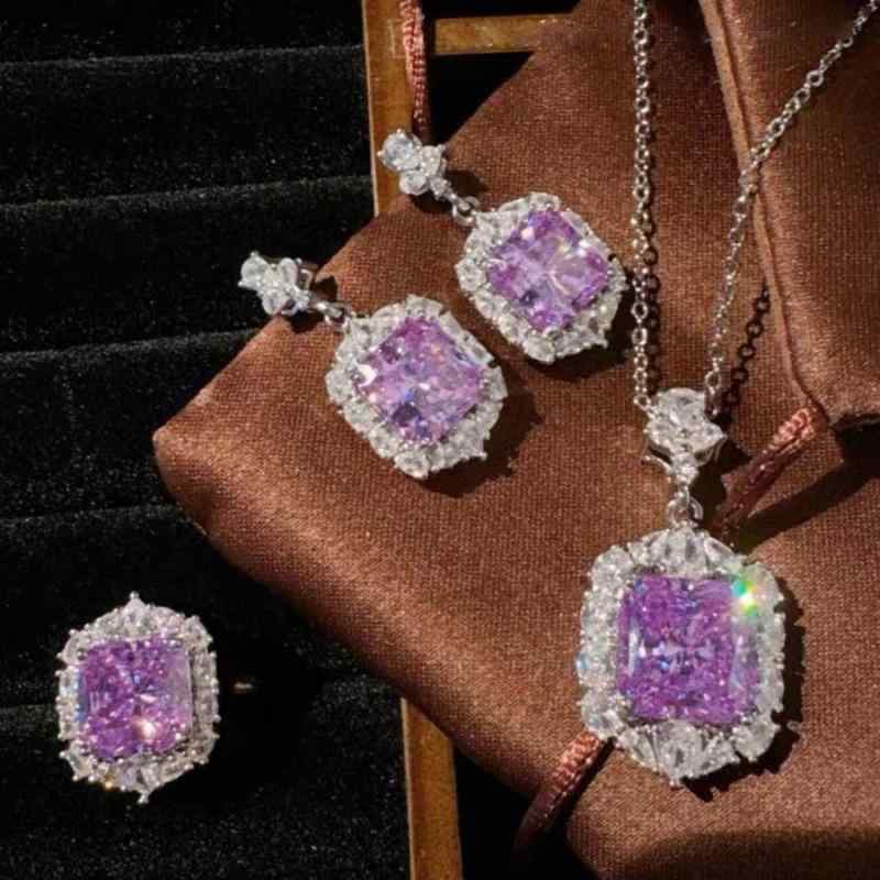 Black - ネックレス ピアス イヤリング セット 紫 ジルコニア ピアス 女性用 気品 氷花カット プリンセスカット アクセサリー シンプル 普段使い 華奢 シルバー チェーン ドロップ型 ファッション ジュエリー ゴールド トーン