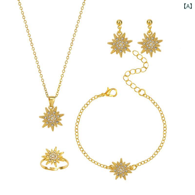 Jewelry Set: Simple clavicle chain necklace for women, zirconia snowflake bracelet, pendant, ring, earrings. Available in silver and gold. Perfect for everyday wear and as a gift. Lightweight, sparkling, and luxurious.