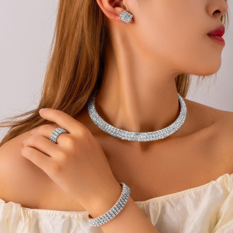Ladies' Jewelry Set: Luxurious Cross-Border Design, Multi-Layer Full Zirconia Necklace, Square Earrings, Inset Ring. Sparkling and Elegant. Perfect for everyday wear. Layered design, simple and stylish.