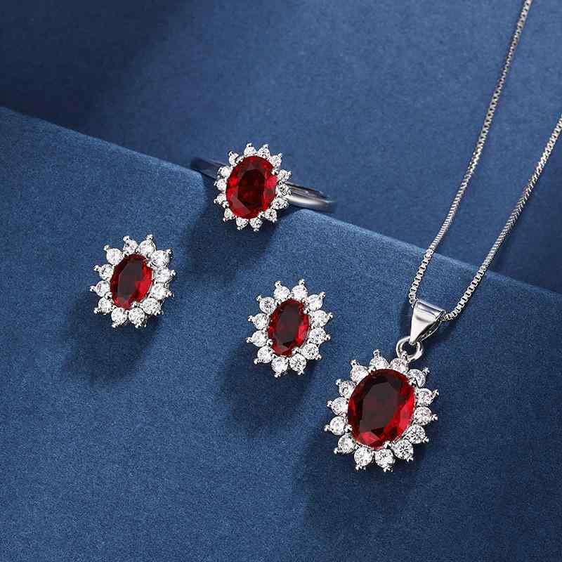 Queen's Jewelry Set: Tiara, Necklace, Ring, Earrings, Pendant - Women's Set with Zirconia Gemstones in Blue, Red, Yellow, Green, Purple, and White. A gorgeous and elegant design. A perfect gift or present.