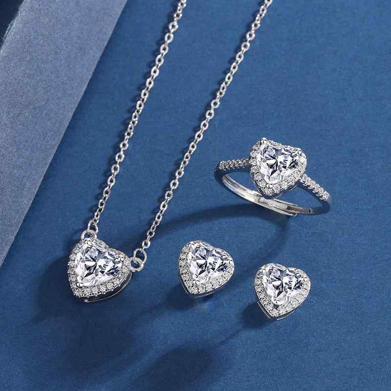 Aquamarine - 女性用 ジュエリーセット 韓国 シンプル 気品 ハート形 ネックレス ピアス セット ジルコニア アクセサリー かわいい 普段使い 軽量 シルバー調 ファッション コーデ ギフト ラブリー モダン
