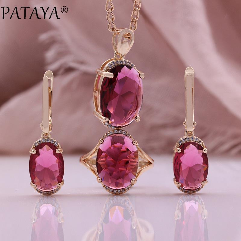 Women's Jewelry Set: Russian Rose Gold, Red, Fashionable, Elegant, with Fine Zirconia Stones, Large and Exquisite 585 Material, Necklace, Earrings, Brooch, Delicate, Sparkling, Suitable for Everyday Wear, Parties, Gifts, Luxury Accessories, Modern, Shiny, Stylish.