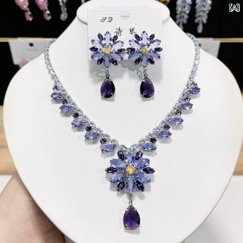Rhinestone - ネックレス イヤリング セット 欧米 ヘビー 加工 高級感 ジルコニア 豪華 雪花紫 カラー ファッション アクセサリー 女性用 パーティー 普段使い 輝き デザイン 洗練 スタイル マルチ レイヤー 軽量 金属 加工