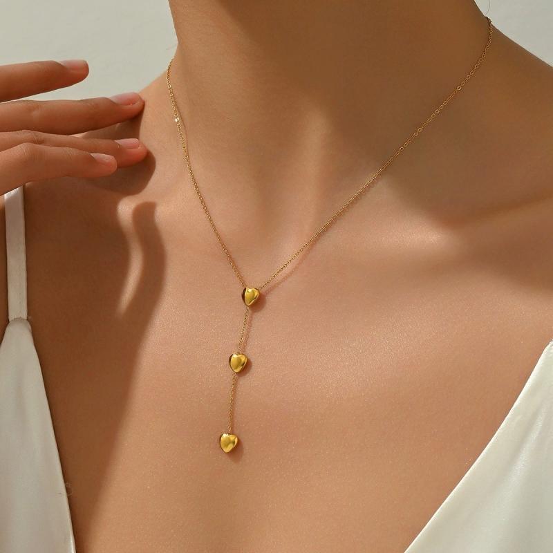 Rhodolite - ネックレス 女性用 ステンレス 保色 3つのハート フープ 軽量 高級感 チタン 18K ゴールド メッキ 鎖骨チェーン かわいい アクセサリー 普段使い ギフト シルバー ゴールドカラー 通年