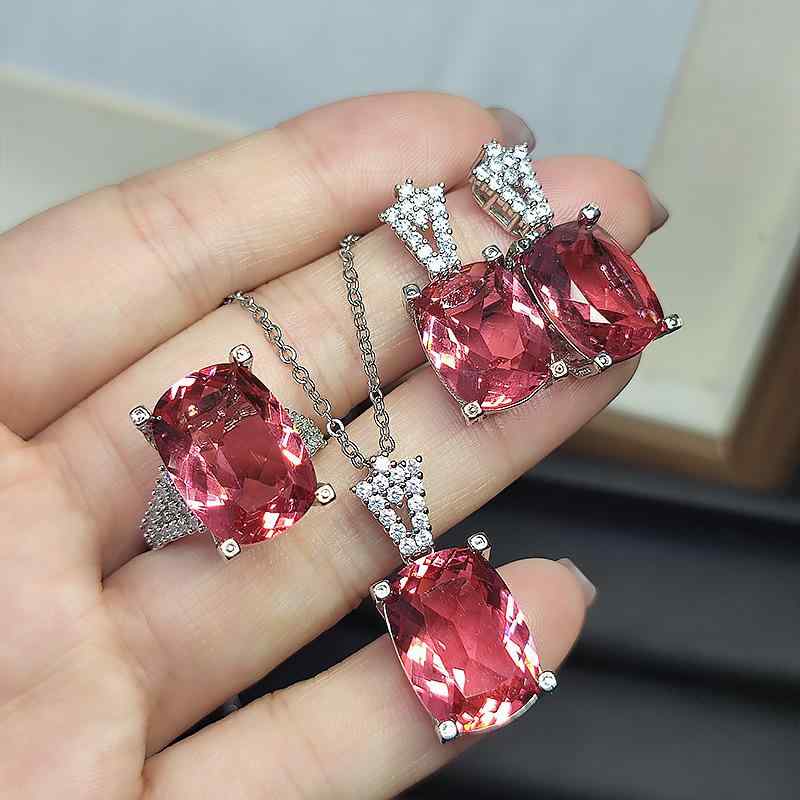 Ladies' Gemstone Jewelry Set: Pendant Necklace, Ring, Earrings, Ruby, Tourmaline, Colorful Stone Crown Design, Diamond Decoration. A stylish and luxurious accessory set for women.