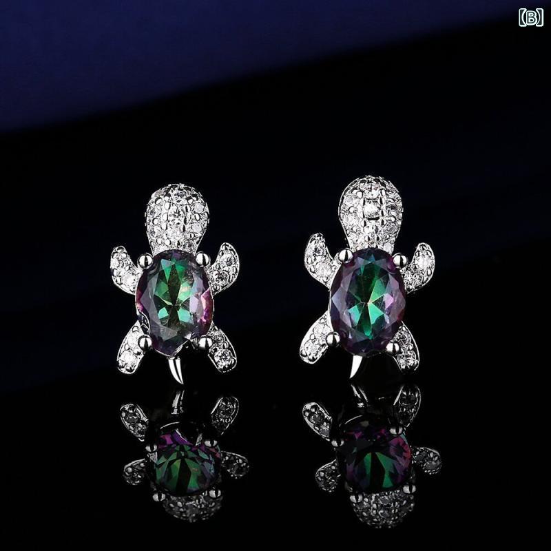 リバーパディのピアス イヤリング ネックレス 指輪 セット かわいい ファッション アクセサリー ウミガメ モチーフ 七色 ジルコニア 装飾 女性用 華やか 日常使い ギフト ラッキーアイテム｜アングル2
