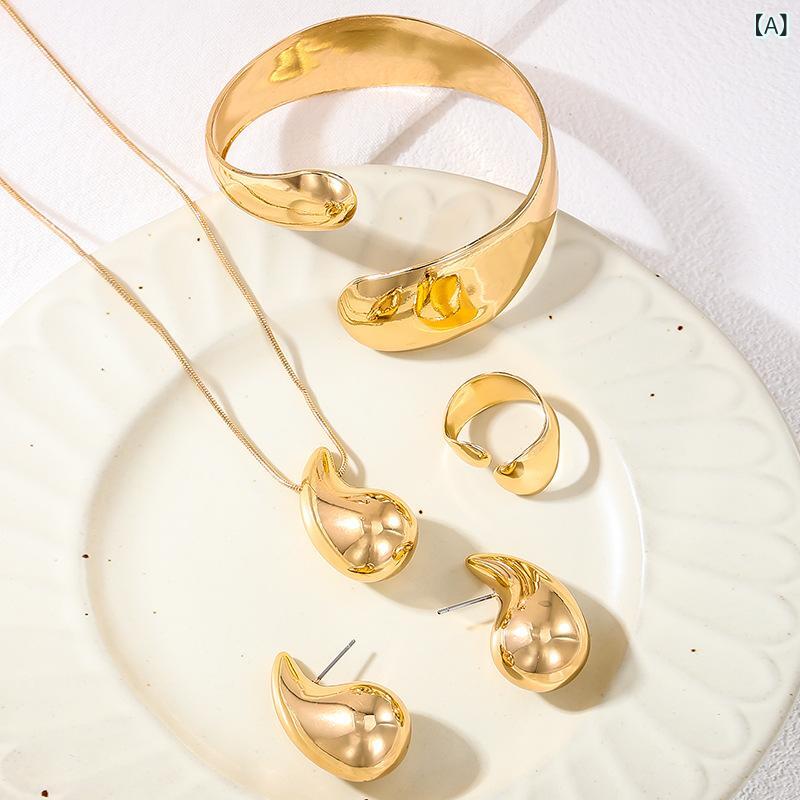 Other - 女性用 アクセサリーセット メタル 金属質感 水滴 ドロップ ハート型 抱き合い リング ネックレス イヤリング ブローチ 手首 腕輪 指輪 セット シンプル 日常使い ギフト プレゼント