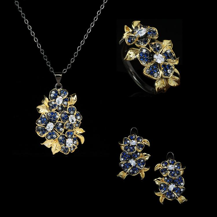 Ladies' Jewelry Set: Ring and Necklace, Luxurious, Elegant, Floral Pattern, Colorful Zirconia, Black Gold, Sparkling Accessories, Everyday Wear, Gift for Women, Decorative Items