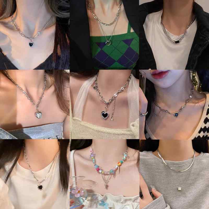 Rakuten - ネックレス かわいい レイヤード チェーン 女性用 気質 鎖骨チェーン トップス セーター ニット チェーン アクセサリー ハイネック デザイン 秋冬 コットン混 伸縮性 軽量 普段使い 通勤 カジュアル スタイル シルバー トーン ゴールド アクセント