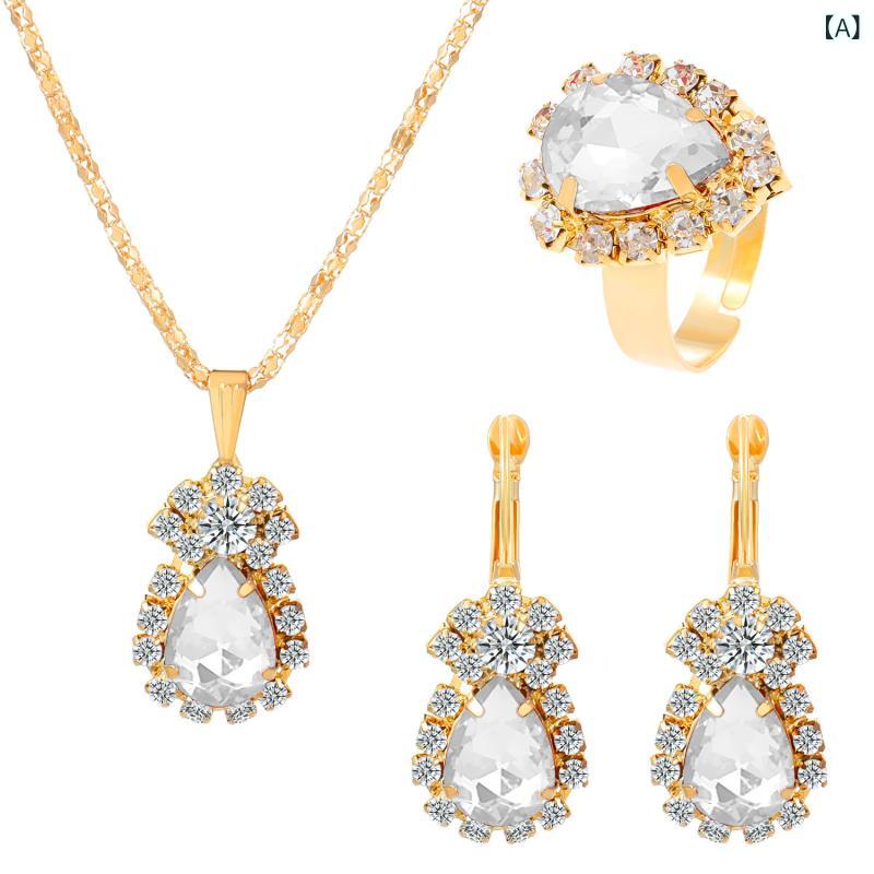 Women's Colorful Jewelry Set: Ring, Necklace, and Earrings (3-piece set) - Elegant Design, Gold Color Variations, Everyday Wear, Gift Set, Popular Combination, Sparkling Fashion Item