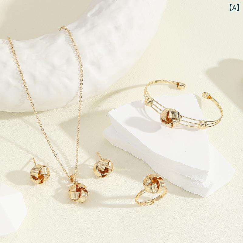 쥬얼리 세트 여성용 크리에이티브 로프 트위스트 매듭 목걸이 귀걸이 링 팔찌 대마 뜨개질 액세서리 세트 귀여운 디자인 평상시 사용 경량 심플 스타일 선물 아이디어
