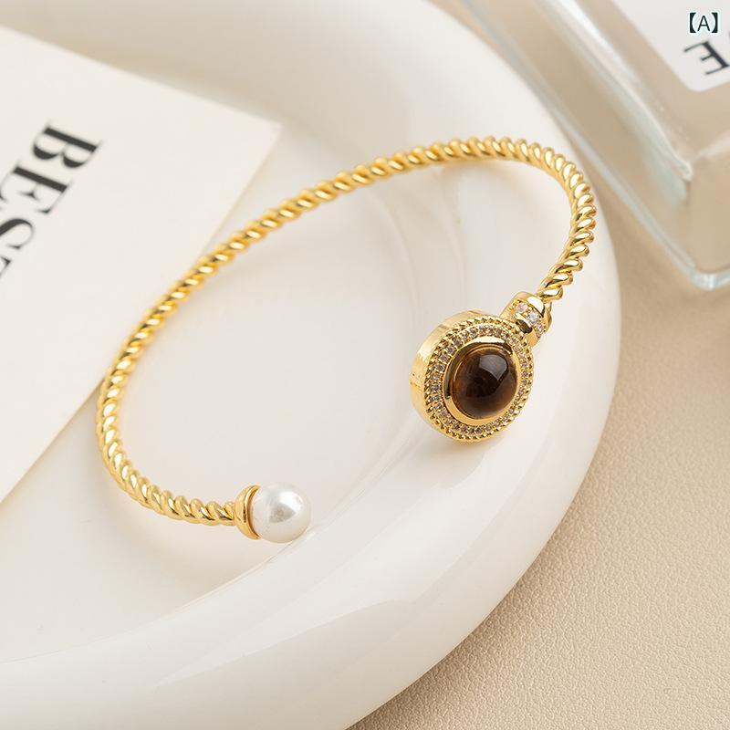 Cubic Zirconia - アクセサリー セット 女性用 フレンチ レトロ ミラード タイガーアイ ストーン 天然石 パール イヤリング ブレスレット 指輪 ネックレス 軽量 華奢 デザイン ゴールド チェーン シンプル コーディネート 普段使い 秋冬 スタイリッシュ ジュエリー