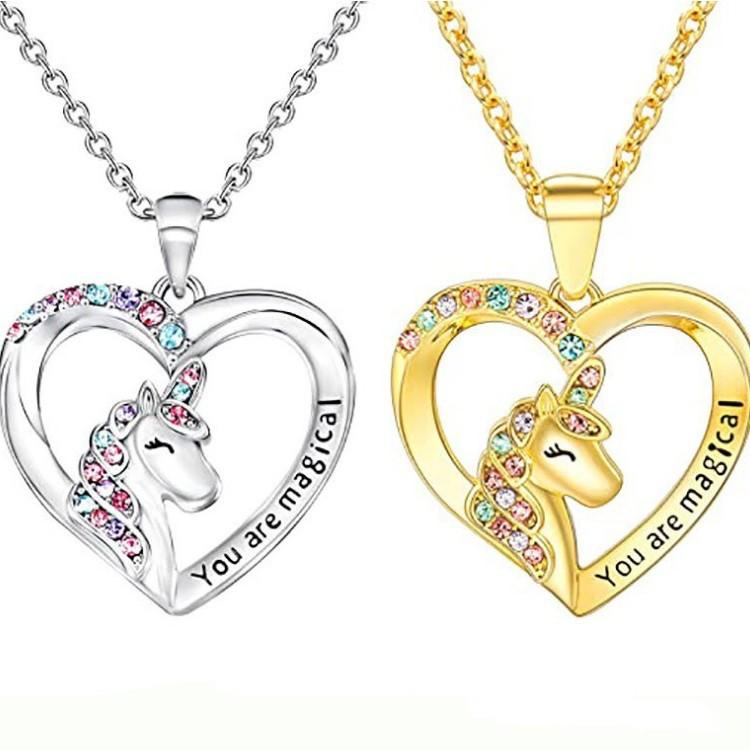 Yellow - ネックレス ユニコーン 天馬 七色 ハート 馬 ドロップ ペンダント アクセサリー ファンタジー かわいい キラキラ ゴールド 加工 女性用 普段使い プレゼント ラッキーアイテム