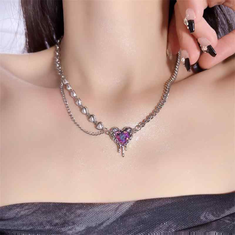 Rhodolite - ネックレス 女性用 かわいい 紫 ハート ラベンダー石 メラメラストーン 珍珠 鎖骨チェーン レイヤード アクセサリー ハイセンス 軽量 普段使い 春夏 秋冬 通年
