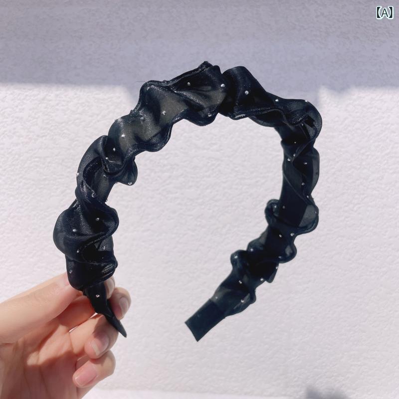 ヘアアクセサリー 韓国 女性用 満天星 ラインストーン 刺繍 二層 チュール リボン ...