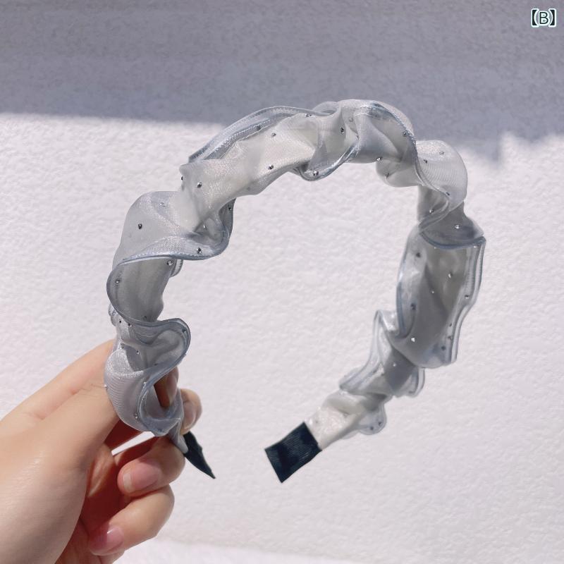 ヘアアクセサリー 韓国 女性用 満天星 ラインストーン 刺繍 二層 チュール リボン ...