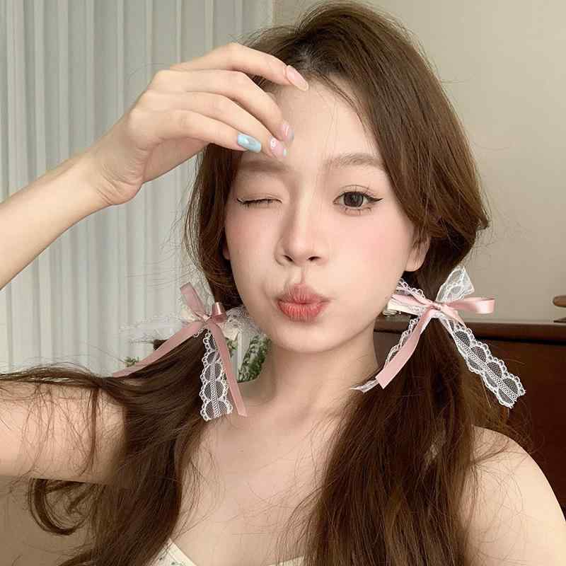ヘアアクセサリー かわいい レース リボン 蝶結び バタフライ 鴨嘴 クリップ サイ...