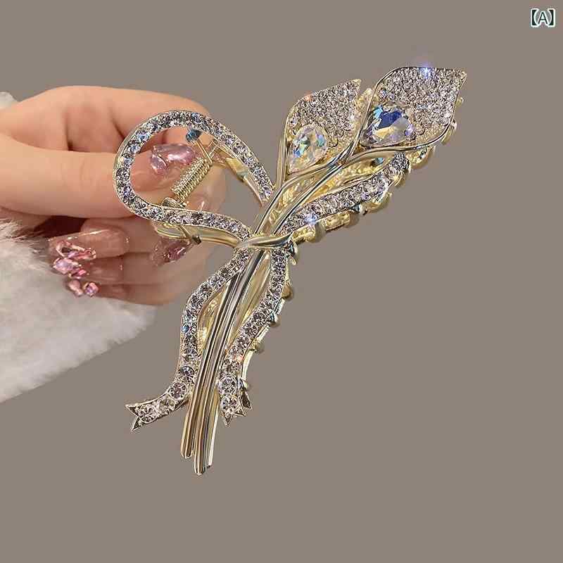 リバーパディのヘアアクセサリー 女性用 花モチーフ ラインストーン ヘアクリップ かわいい 金属 バックヘア ピン ラージ クロコダイルクリップ ファッション アクセ ヘアピン 装飾 ヘアスタイル 日常使い 軽量 ヘアアレンジ｜アングル2