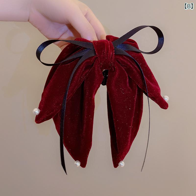 ヘアクリップ 女性用 気品 ベルベット リボン バタフライ つかみ 半結び ポニーテ...