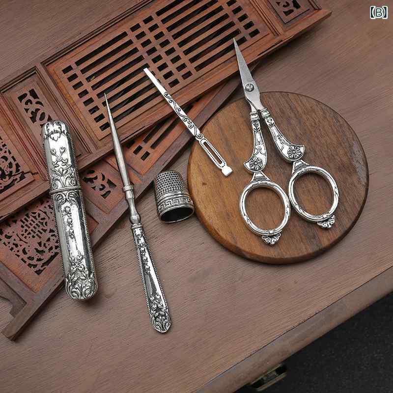家用 復古 ヨーロッパスタイル ハサミ 縫製工具 セット 針線 ケース 付属 針 糸通...