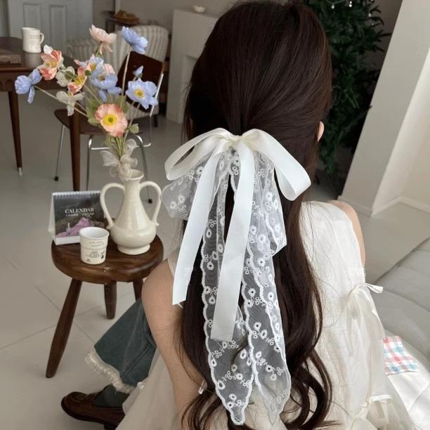 ヘアクリップ 女性用 バレエ レース 蝶結び 長リボン ポニーテール クラッチ ハーフアップ 後頭部固定 高級感 かわいい アクセサリー 普段使い 軽量 伸縮性 ブラック ピンク系 秋冬