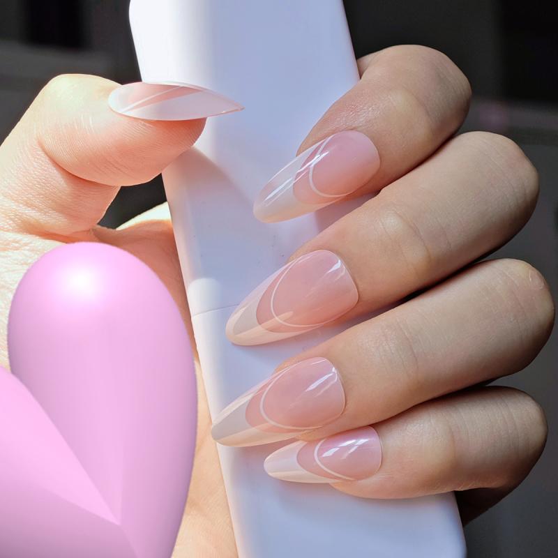 付け爪 偽ネイル シンプル ホワイト フレンチエッジ ピンク 杏仁型 卸売 美甲 片 完成品 ナチュラル 女性用 日常使い 軽量 柔軟 クリア ピンク系 つけ外し簡単 透明感 トレンド ネイルアート 指先ケア フェミニン ロング ショート 対応