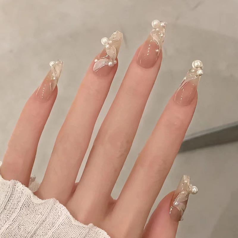 ネイルチップ シルク リボン 装着式 ソフト 真珠 ジルコニア 装飾 かわいい 指甲貼 軽量 伸縮性 透明感 ピンク系 アイボリー ベージュ 通勤用 普段使い 部屋着 女性用