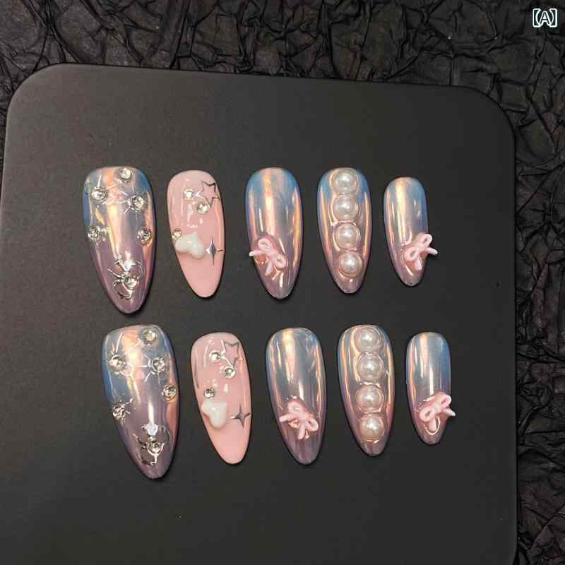 ネイルチップ ハンドメイド 女性用 魚尾デザイン 珍珠浮雕 極光 法式スタイル 杏仁シェイプ アメリカン クロスボーダー かわいい 軽量 耐久性 ピンク系 ゴールド系 通年使用 普段使い シンプル ファッション アクセサリー 2