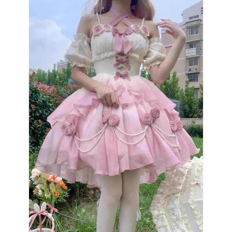 ワンピース レディース ロリータ Lolita ドレス 前短後長 フィッシュテール チュチュ パニエ ボリュームスカート プリンセス お姫様 かわいい フェミニン グラデーションピンク 花嫁 フリル シフォン レース 透け感 涼しい 半袖 薄手 膝丈 A