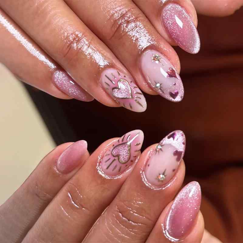 ネイルチップ フレンチスタイル ピンク キャットアイ 爆闪 ラブリー ハート デザイン アーモンドシェイプ 付け爪 ウィメンズ かわいい キラキラ ファッション アクセサリー