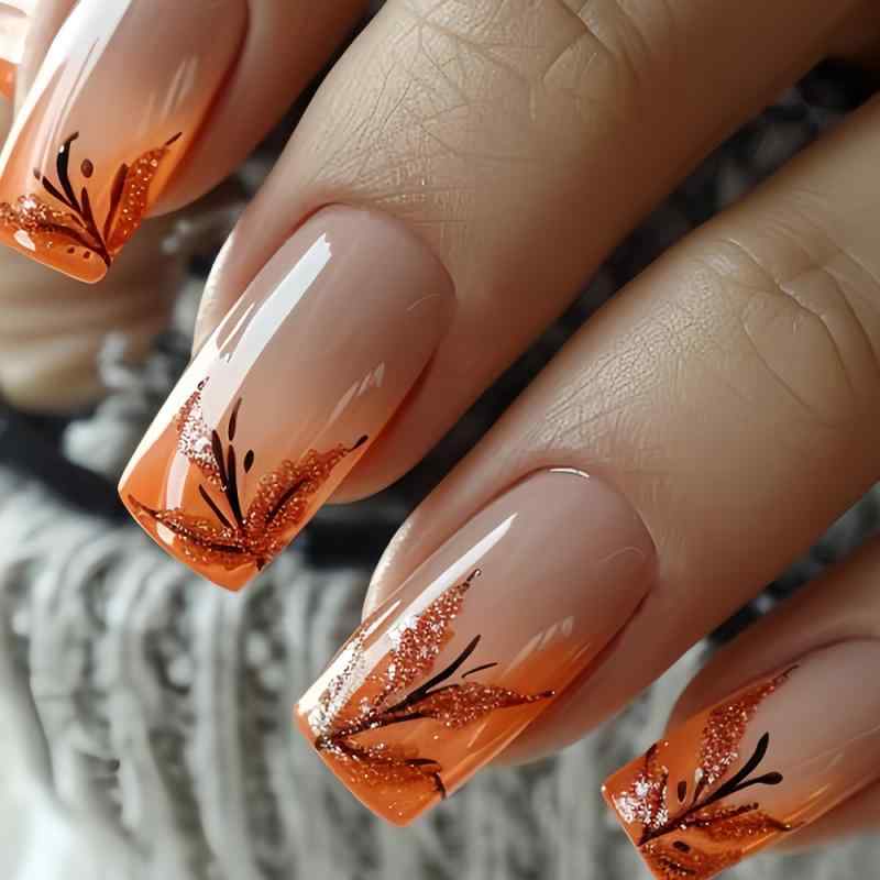 Other - ネイルチップ 女性用 24枚セット 赤褐色 グラデーション フレンチスタイル 葉っぱ ラメ 装着式 偽ネイル ピース ナチュラル デザイン かわいい 普段使い 軽量 耐久性