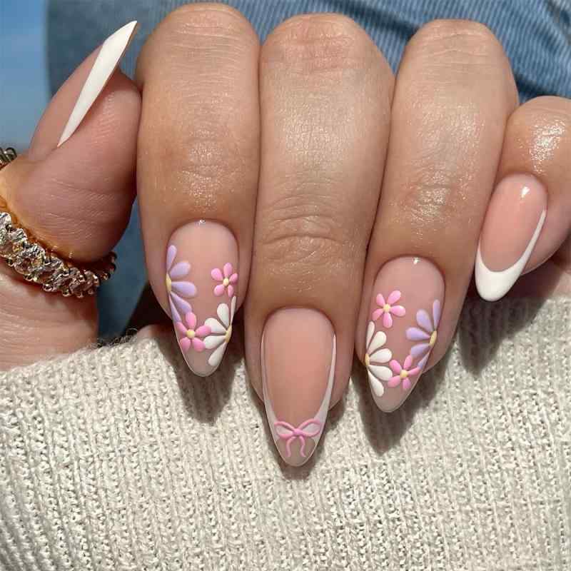 フレンチスタイル ネイルチップ 女性用 アーモンド型 紫色 花柄 ピンク リボン 蝶結び かわいい デザイン 軽量 付け外し簡単 通勤 普段使い 春夏 ファッション アクセサリー 再生繊維 素材 ビューティー アイテム