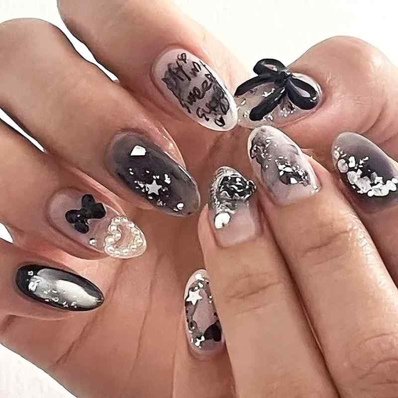 ロング 指輪 アクセサリー アーモンド型 シェルパール ハート ブラック リボン 蝶結び 気品 デザイン 着脱可能 フェイクネイル 付け爪 女性用 シンプル エレガント 普段使い 軽量 伸縮性 ピンク系 アイボリー