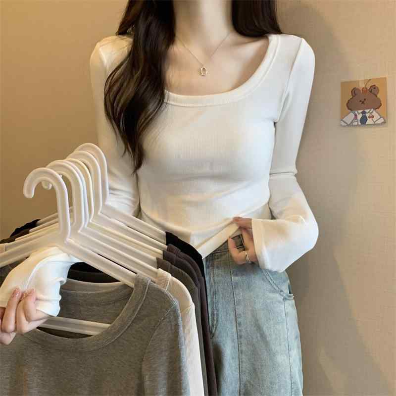 トップス レディース 白色 修身 Uネック 長袖 Tシャツ インナー 春夏 短め丈 カジュアル 普段使い 接触冷感 吸湿速乾 綿混 伸縮性 軽量 シンプル ブラウス インナーシャツ(4.0)