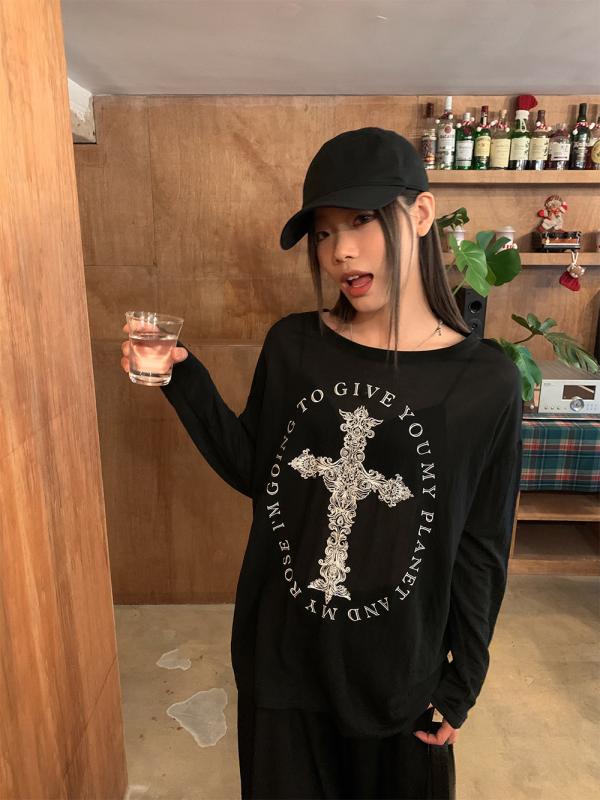 Rakuten - レディース トップス 長袖Tシャツ 春夏 防晒 薄透け ゆったりシルエット 吸湿速乾 接触冷感 綿混 クロスモチーフ プリント ブラック ホワイト グレー カジュアル 普段使い 通勤用