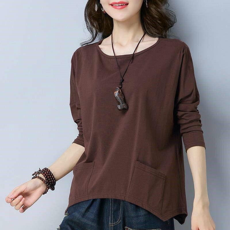 ロングスリーブTシャツ 女性用 春夏 ゆったりシルエット ポケット付き 中長丈 韓国 ラウンドネック ソリッドカラー インナー トップス コットン混 吸湿速乾 通勤 普段使い カジュアル