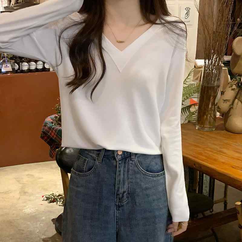 トップス 女性用 白色 Vネック 長袖 Tシャツ 綿 ゆったり 春夏 秋冬 インナー レイヤード 吸湿速乾 接触冷感 ライトウェイト カジュアル デイリー ベーシック トップス
