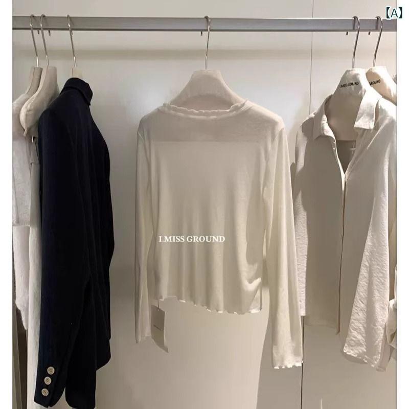 乐天商城 - レディース 長袖Tシャツ 防晒 接触冷感 木耳エッジ 空調 打底 トップス 綿混 軽量 吸湿速乾 春夏 ブラック ホワイト グレー ピンク 普段使い 通勤用 伸縮性 Vネック ビッグシルエット カジュアル