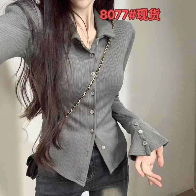 Short Sleeves - レディース トップス 長袖 Tシャツ 秋冬 修身 デザイン インナー ベースレイヤー 喇叭袖 ブラウス 潮 女性用 かわいい フィット レイヤード ストレッチ コットン 混紡 軽量 通勤 普段使い ビッグシルエット Vネック ブラック グレー ピンク系