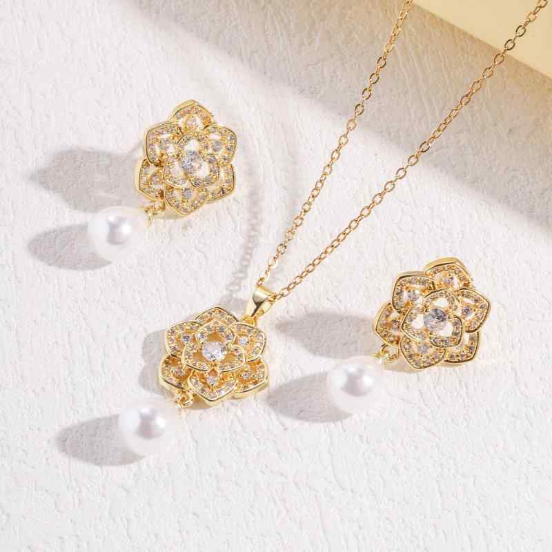 Garnet - ネックレス イヤリング セット 女性用 羽毛 真珠 デザイン ファッション フルジルコニア ペンダント 耐久性 チェーン アクセサリー シルバー ゴールド かわいい 普段使い 軽量 シンプル ハイセンス