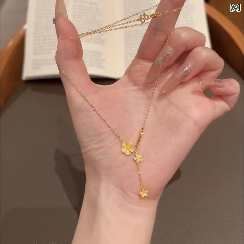ネックレス レディース ゴールド S925 シルバー 桃の花 タッセル 鎖骨チェーン チ...