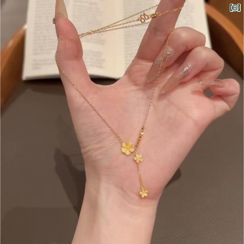 ネックレス レディース ゴールド S925 シルバー 桃の花 タッセル 鎖骨チェーン チ...