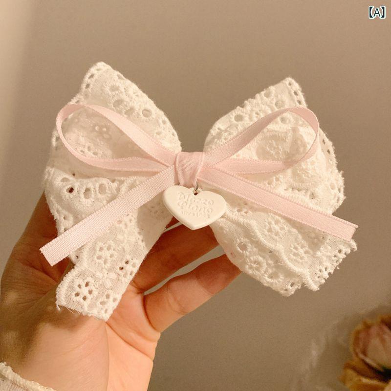 Rakuten - ヘアクリップ 女性用 森ガール 個性 シンプル かわいい レース 蝶結び ハート刺繍 ペンダント ヘアアクセサリー ファッション ピンク系 軽量 普段使い 通勤 春夏