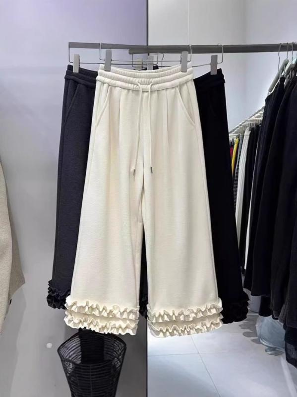 レディース 冬 パンツ 暖か 加绒 ウッドイヤー レース 縁 ゆったり ワイドレッグ ...