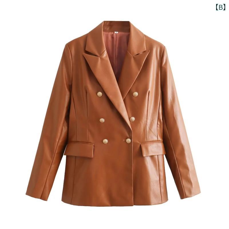レディース コート 秋 ファッション 復古 スーツカラー スリムフィット メタル ダブルブレスト PUレザー ジャケット 女性用 アウター スタイリッシュ クラシック 黒 茶 軽量 通勤 普段使い 秋冬 ビッグシルエット 伸縮性 吸湿速乾 高級感 再生 3