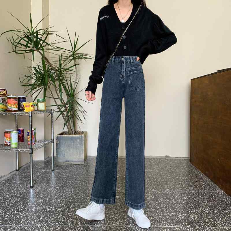 レディース デニムパンツ ワイドレッグパンツ ストレートパンツ 高腰 スリム効果 百搭 ヴィンテージ 韓国スタイル 垂れ感 綿素材 伸縮性 カジュアル 普段使い 通勤用 軽量 ハイウエスト ブルー系 riverpaddy-11243363 リバーパディ パッケージ画像
