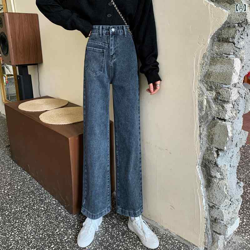 レディース デニムパンツ ワイドレッグパンツ ストレートパンツ 高腰 スリム効果 百搭 ヴィンテージ 韓国スタイル 垂れ感 綿素材 伸縮性 カジュアル 普段使い 通勤用 軽量 ハイウエスト ブルー系 riverpaddy-11243363 リバーパディ サンプル画像2