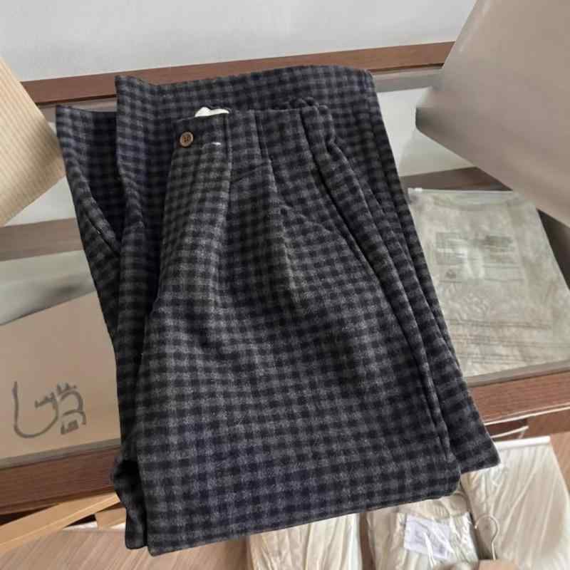 乐天商城 - パンツ レディース 秋冬 羊毛 ウール 格子柄 チェック柄 女性用 小柄 高腰 暖か 加厚 フリース ライニング ゆったり ストレート ストレートパンツ スリム スリムフィット ワイドレッグ ワイドパンツ 膝下丈 カジュアル 普段使い 履き心地 柔らか