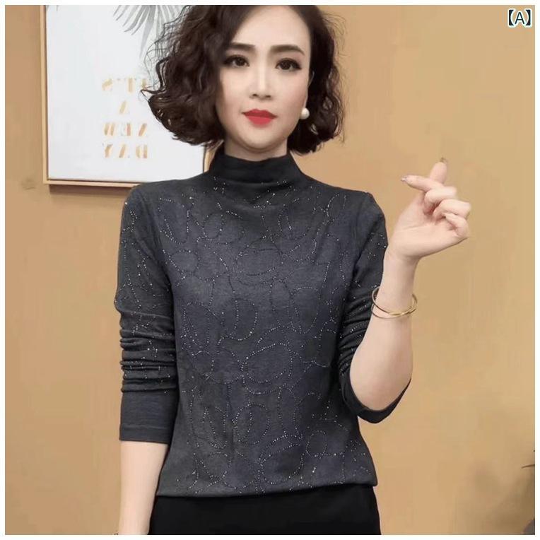 乐天商城 - 長袖 トップス 女性用 半高領 ストーン装飾 気質 シャツ ブラウス レイヤード インナー 秋冬 ファッション スタイル フィット デザイン 伸縮性 素材 軽量 ブラック グレー ベージュ ピンク系 普段使い 通勤 通学 カジュアル