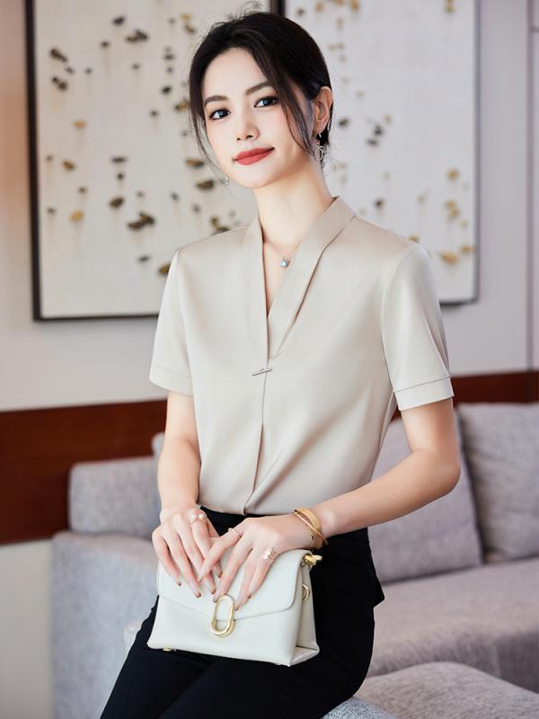 Other - ブラウス 女性用 春夏 薄手 マネージャー 職業服 気質 宝石店 ホテル 受付 トップス 杏色 短袖 吸湿速乾 軽量 コットン 素材 ハイネック デザイン ビジネス 普段使い ピンク系 カラー 接触冷感 機能